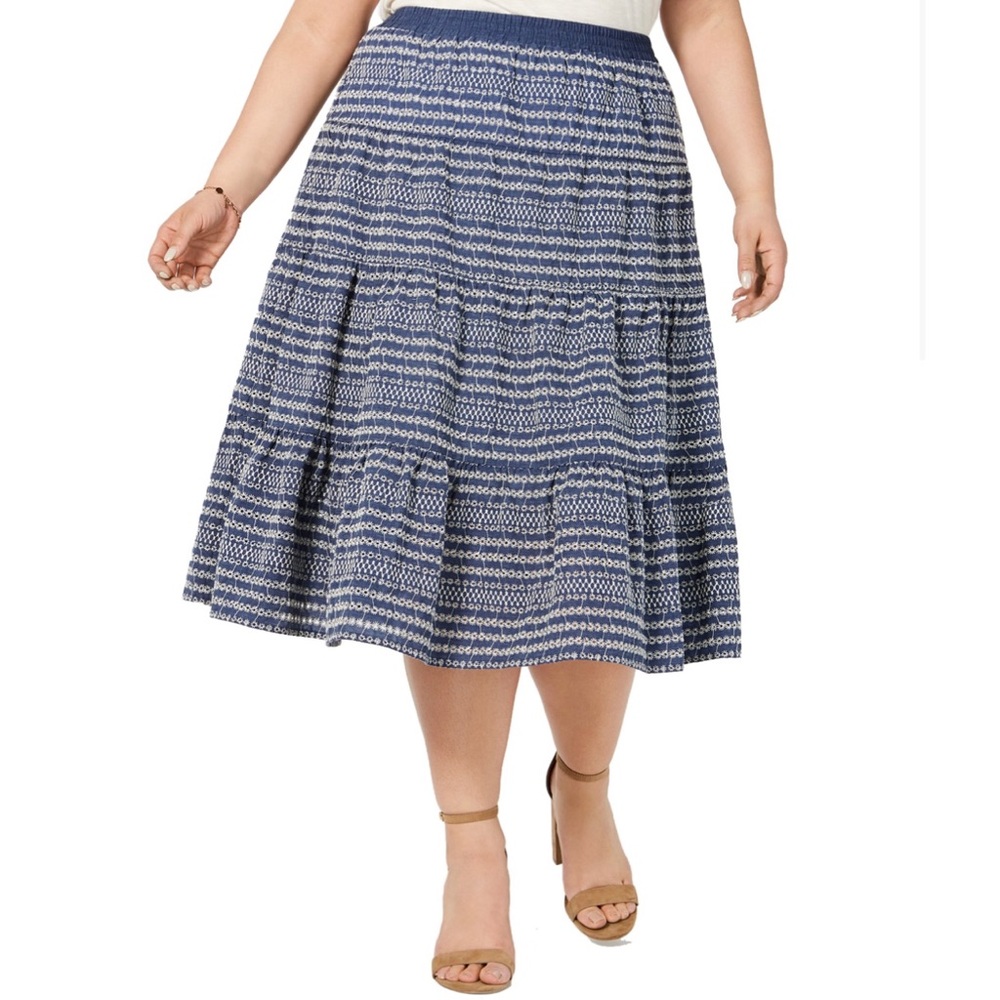 Tommy Hilfiger Embroidered Eyelet Tiered Broomstick Midi Skirt